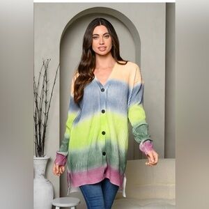 Akai rainbow cardigan, distressed him multicolor NWOT size S/M